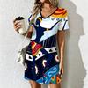 Summer Fashion Women's V Neck Short Sleeve Retro Geometric Pattern Printed  Dress Sex Short Skirt Dresses