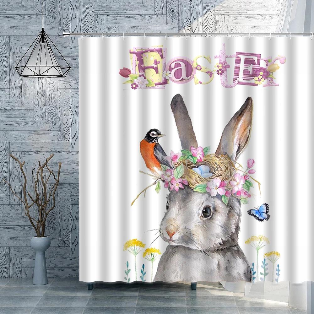Funny Bunny Easter Shower Curtain Rabbit Colorful Egg Flower Wood Striped Backdrop Bathroom Decor Washable Fabric Hooks Curtains