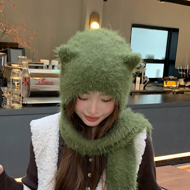 Bear ears wool hat women's autumn and winter thermal belt scarf cover cold hat simple and fashionable ear protection plush knitted hat