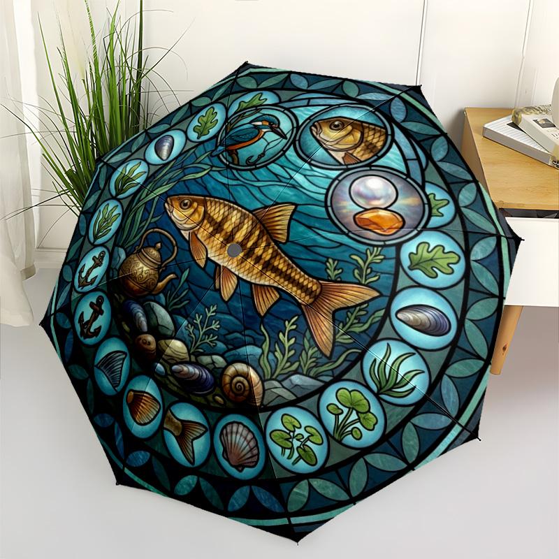 Marine Life Glass pattern umbrella, portable and foldable design, 8 ribs, a casual accessory for Halloween, Christmas, and birthday gifts.
