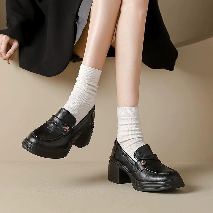 Cowhide Version~ British Style Camellia Platform High-heeled Loafers, Small Leather Shoes, Retro Thick-heeled Single Shoes for Women