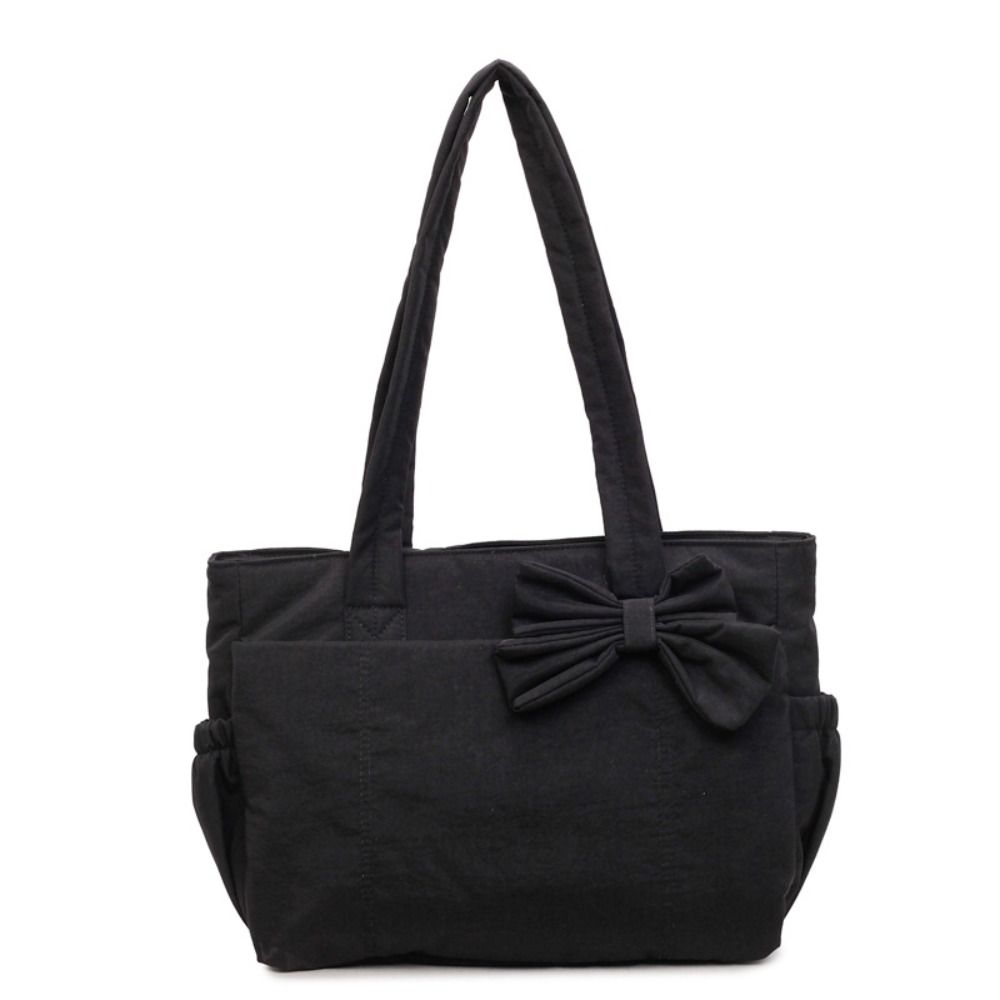 Solid Color Bow Tote Bag Large Capacity Nylon Handbag Cotton Padded Shoulder Bag  Office Worker