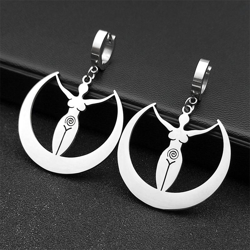 Wicca Wheel of Hecate Triple Moon Goddess Hoop Earrings for Women Stainless Steel Witch Crescent Dangle Earring Jewelry E3854S02