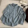 Women's Blue-Gray Plaid Embroidered Lapel Shirt - Korean Style, Relaxed Fit, Soft Brushed, Long Sleeve Layering