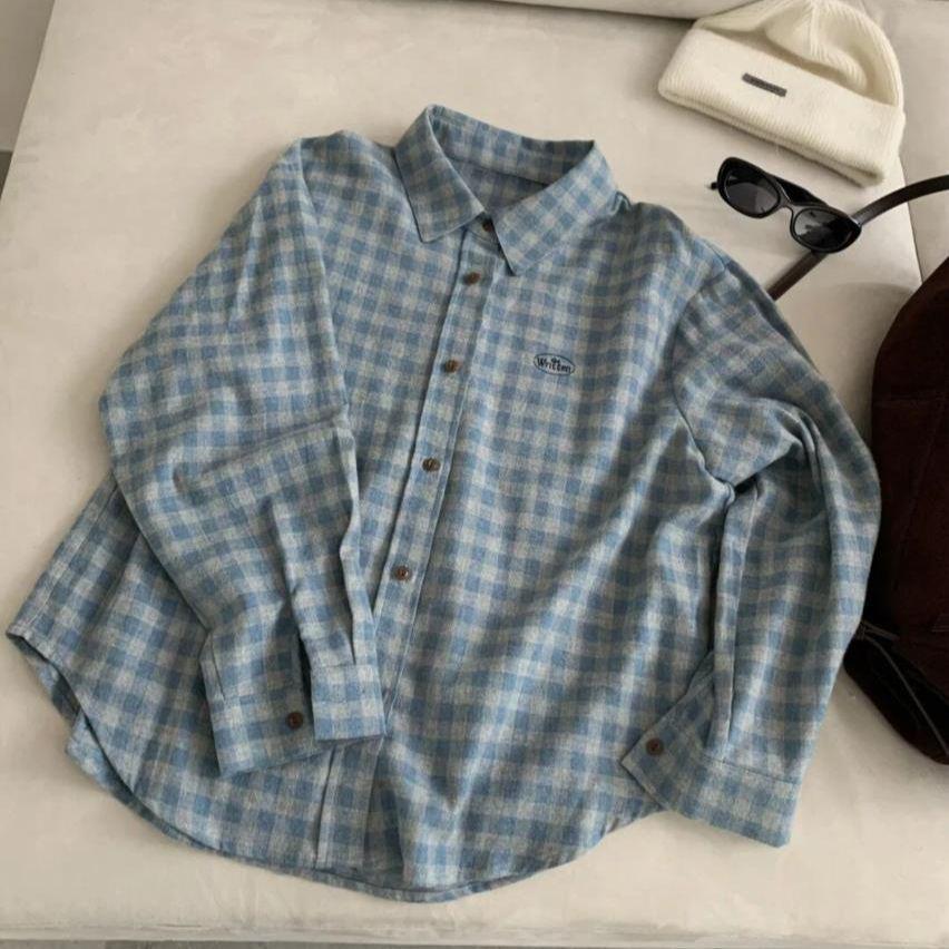Women's Blue-Gray Plaid Embroidered Lapel Shirt - Korean Style, Relaxed Fit, Soft Brushed, Long Sleeve Layering