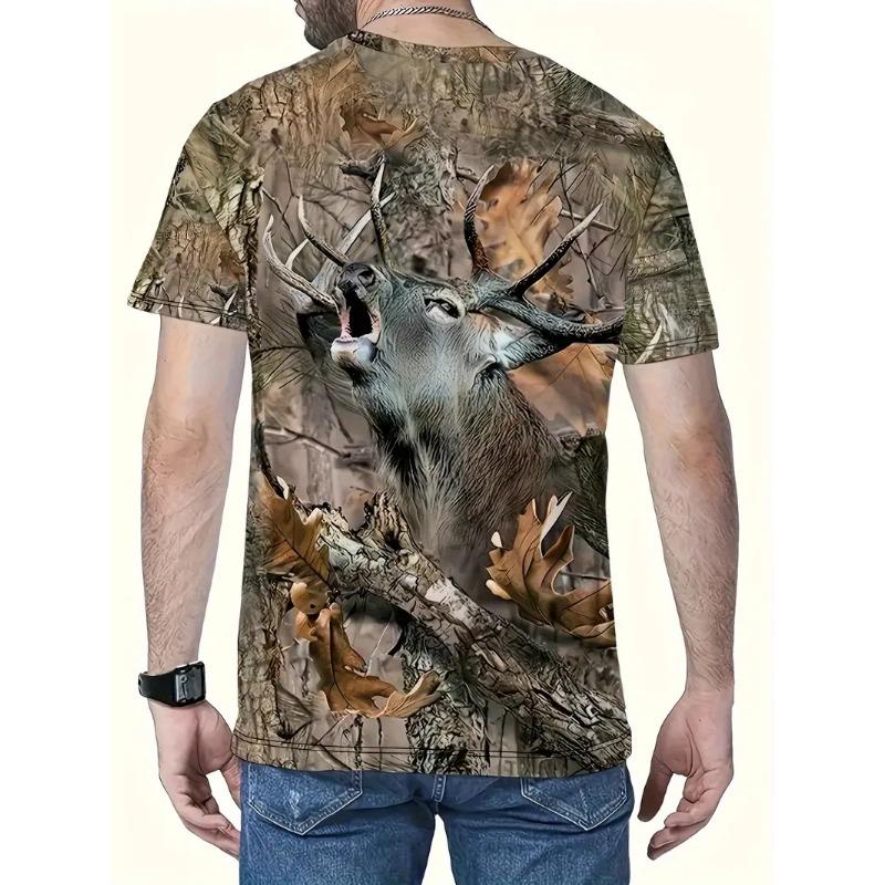 Men's Deer Print T-shirt Sports Short Sleeved Crew Neck T-shirt for Summer Outdoor Fitness Workout Men's Clothing