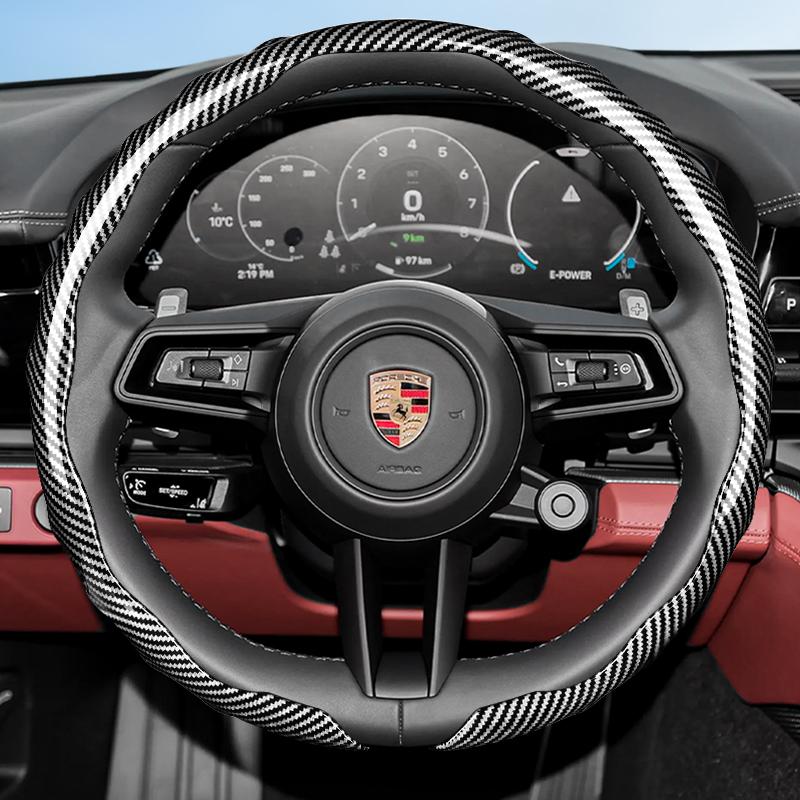 Suitable for Porsche Carbon Fiber Texture Steering Wheel Cover with Snap-On Wave-Shaped Sports Design Protective Shell for Macan Cayenne Taycan