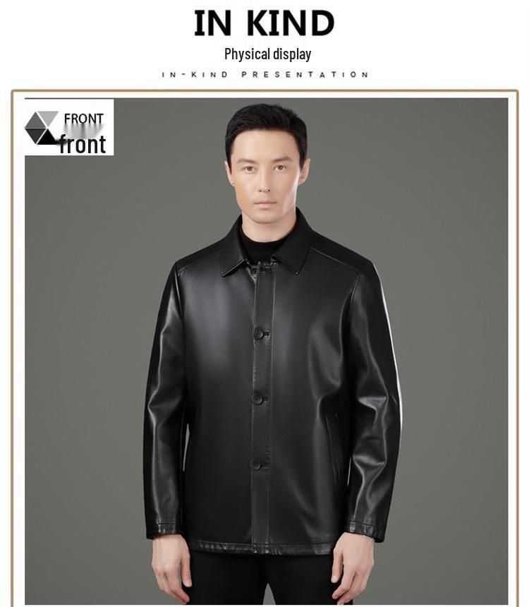 Men's Genuine Sheepskin Lapel Coat - Winter 2025 Single-Breasted Leather Jacket with Plush Lining for Middle-Aged Dads
