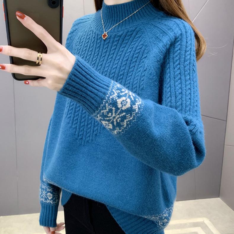 Autumn Winter Women's Half Turtleneck Sweater Loose Thick Pullover Knitted Top Jacquard Elastic Knitted Top Jumper.