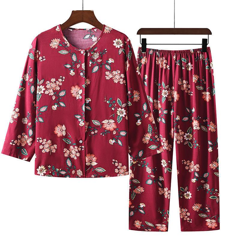 Women's Spring and Summer Comfortable Lightweight Homewear Set of Middle-aged and Elderly Long-sleeved Tops + Trousers Two-piece Set