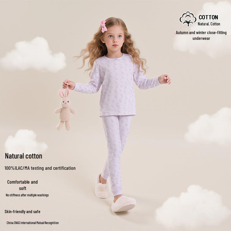 Baumwoll-Langunterwäsche-Set für Mädchen - Herbst/Winter Thermopyjama, Hauskleidung, Basisschicht für ältere Kinder