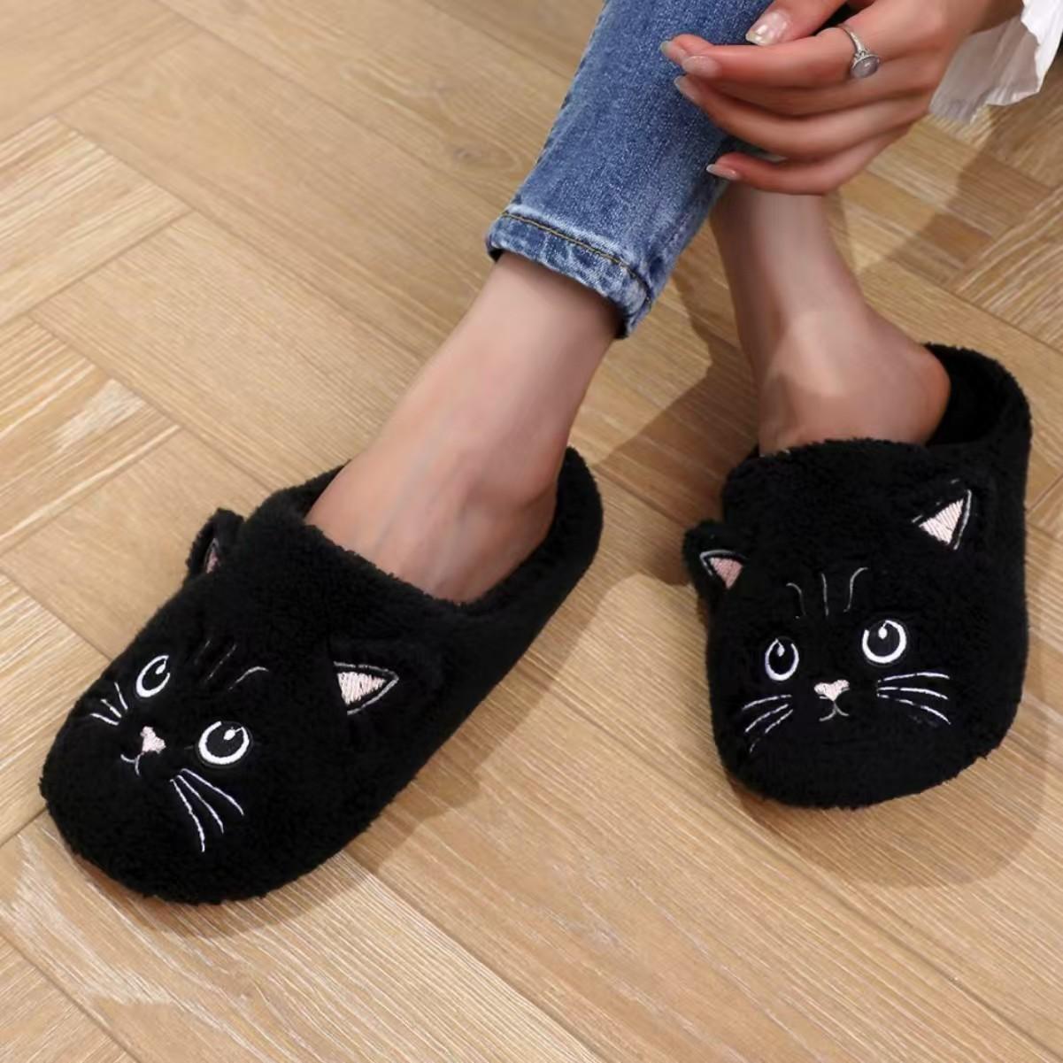 Осенне-зимние кошачьи хлопковые тапочки, мультяшные, с мягкой подошвой, теплые и нескользящие тапочки 40-41 чёрный