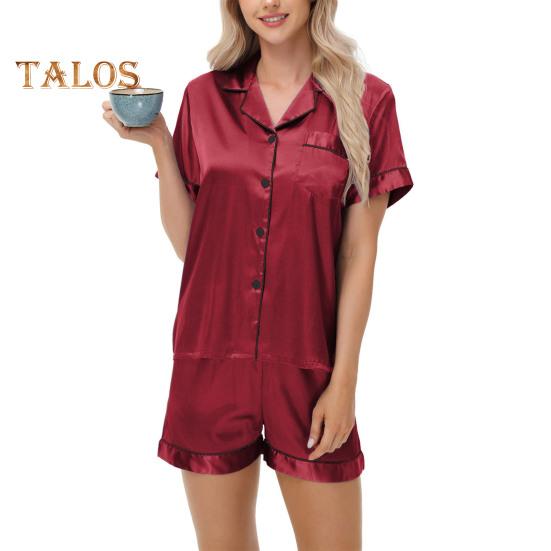 2-teiliges Pyjama-Set, Satin, einreihiges Cardigan-Hemd, V-Ausschnitt, Reverskragen, einfarbiges Hemd mit Brusttasche, lockere Shorts, Nachthemd, Nachtwäsche