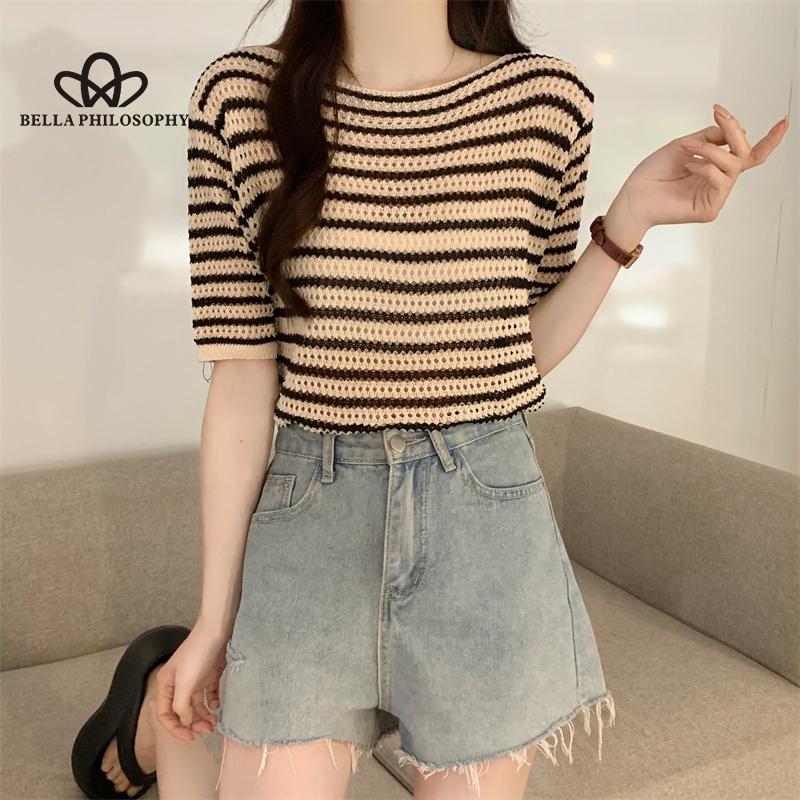 Summer New Hollow Striped Short-sleeved Knitted Top All-match Slim T-shirt Woman Fashion Casual T-shirt