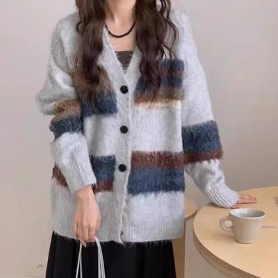 Striped Knitted Loose Cardigan Women Harajuku Chic Vintage Sweaters All-match Autumn Winter V-neck Knitwear Korean Style