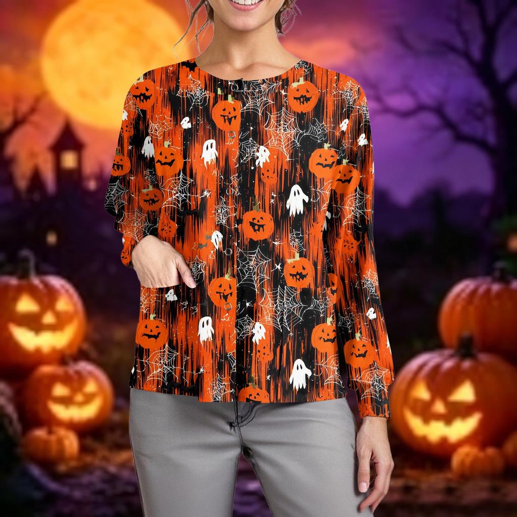 Women's Casual Long Sleeve Cardigan Button Down Lightweight Knit Halloween Printed Open Front Sweater Top for Caregivers and Everyday Wear