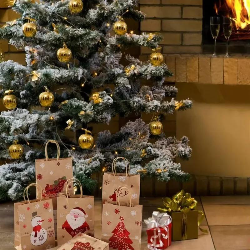 Christmas Kraft Paper Bag Candy Gifts Packaging Handbags Santa Claus Snowman Pattern Merry Christmas Home New Year Party Decor