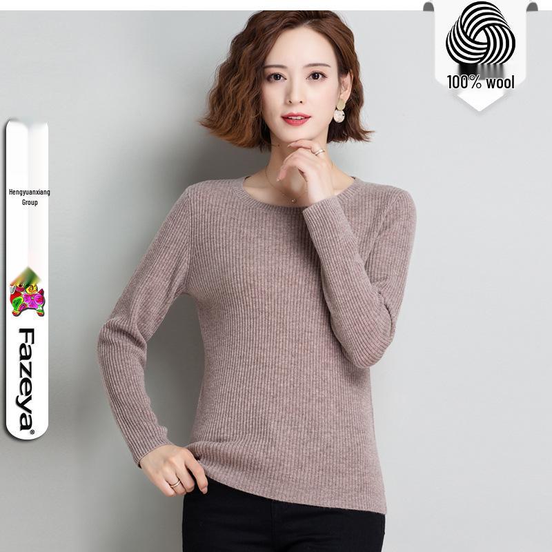 Hengyuanxiang Women's Pure Wool Round Neck Sweater - Solid Color Casual Knitwear for Spring, Autumn, and Winter