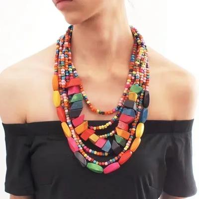 Multi-Layer Wooden Beaded Necklace Handmade Bohemian Party Jewelry for Women