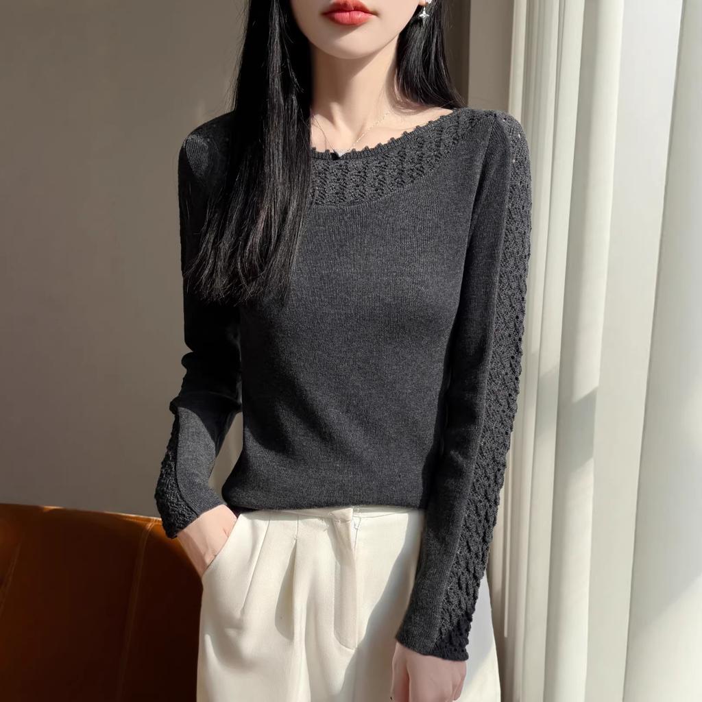 Women S Long Sleeve Knit Sweater One Neck Crochet Hollow Basic Top