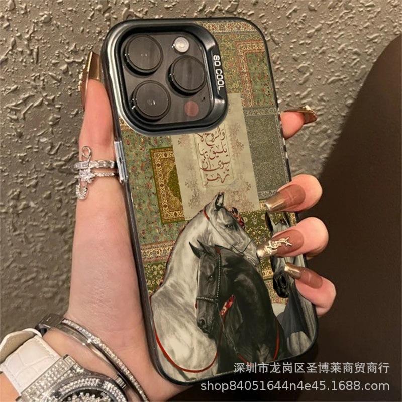 Retro Black and White Horse for Apple 15 Color Silver iPhone14Pro Creative 11promax Matte 16 Protective Case X