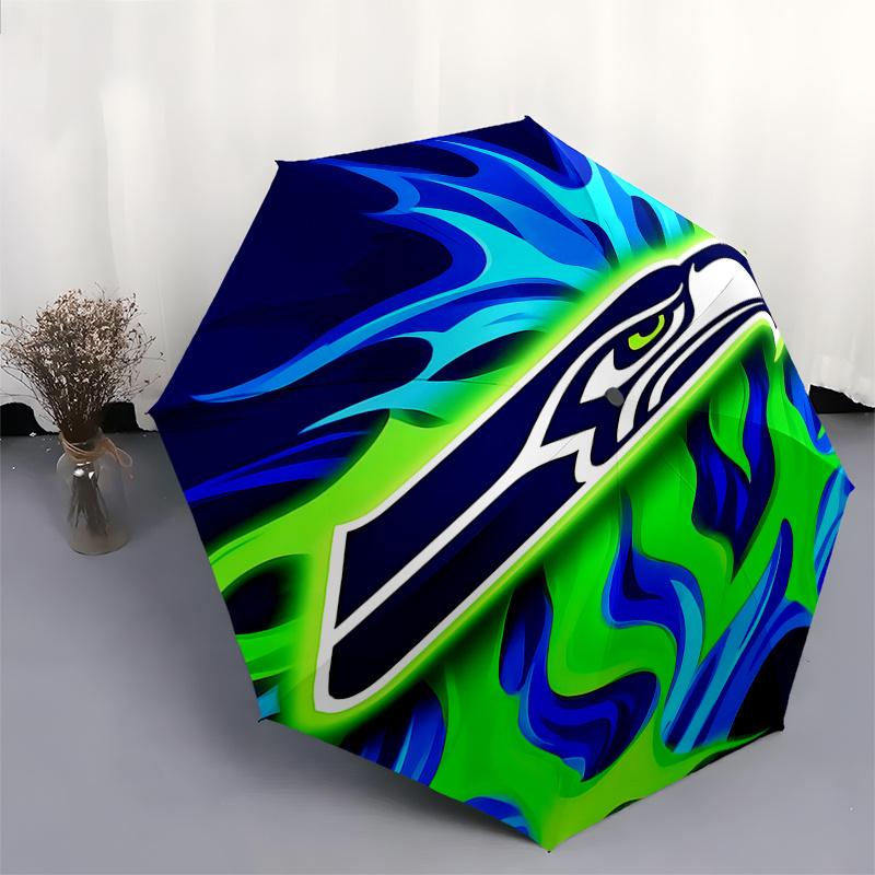 Seattle Seahawks Flame Design Automatic Opening/Closing Umbrella - Portable 3-Fold Design with 8-Bone Iron Frame, Gift for Fans and Traveler