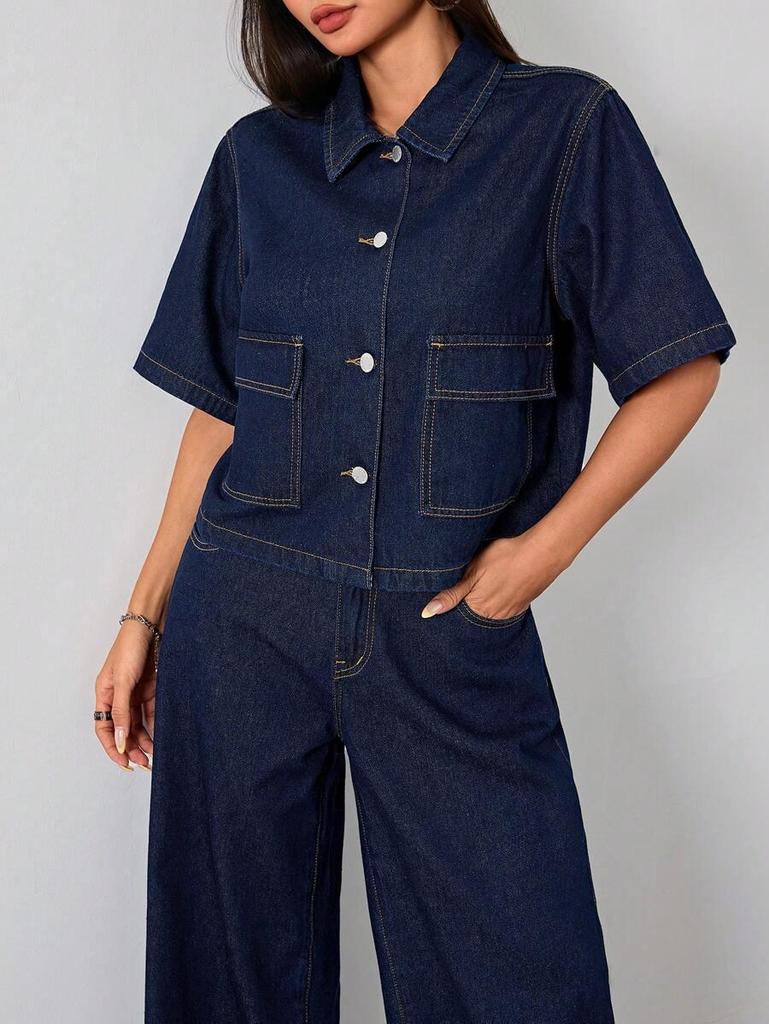 2026 Summer Short-Sleeved Denim Jacket with Large Pockets