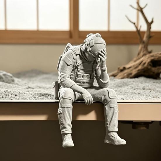 jijijing 3D Printed Soldier Figurine Ornament, Sitting Tactical Statue, Funny Tired Sculpture for Table Shelf Edge Decor