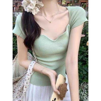 Summer New Style Knitted Thin Half-sleeved T-shirt Right Shoulder Short-sleeved Top V-neck Exposed Collarbone Slimming Mint Green
