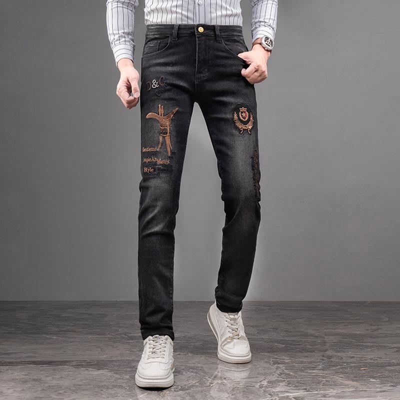 European And American Embroidered Trendy Brand Jeans Men'S Straight Tube Slim Fit Elastic Fashion High Quality Casual Cowboy Pants