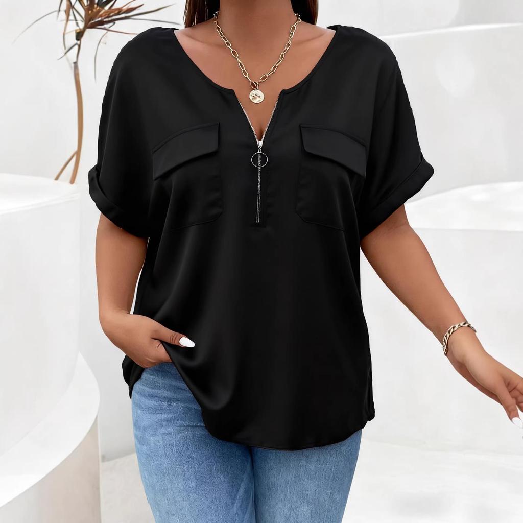 2026 Spring-Summer Solid Color Plus Size Women's Zipper Pocket Short Sleeve Loose T-Shirt