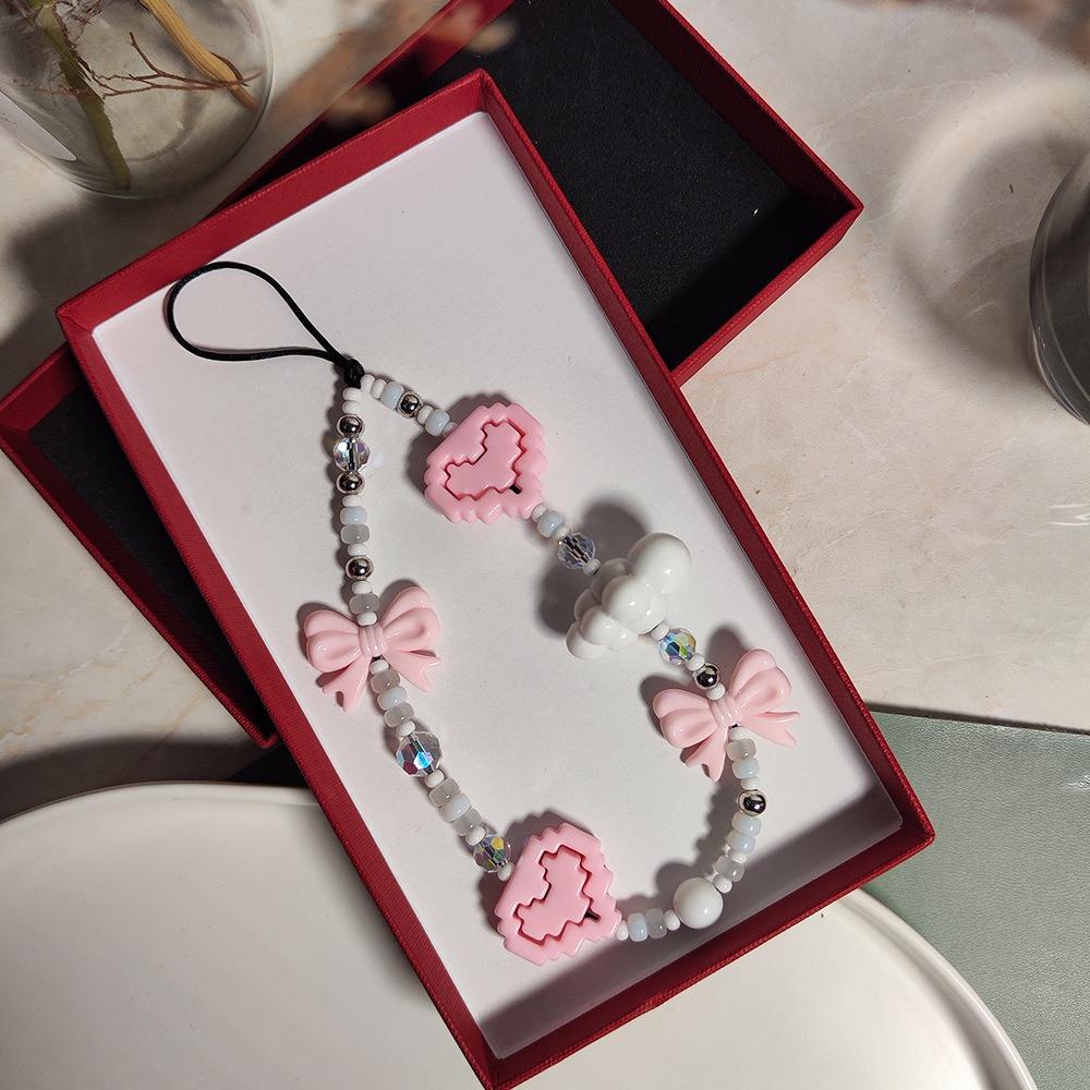 Korálkový popruh na telefon Srdce Zápěstní pásek Korálkový klíčenkový náramek, Délka: 16 cm + 5 cm