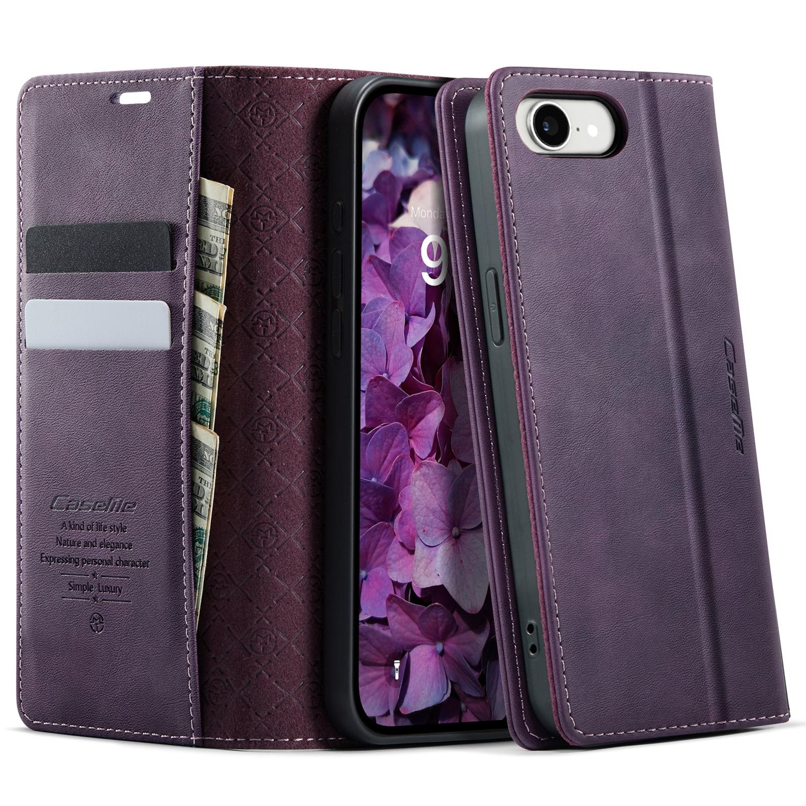

CASEME 033 Series For iPhone 16e Case RFID Blocking Wallet Stand Calf Texture Leather Phone Cover Purple