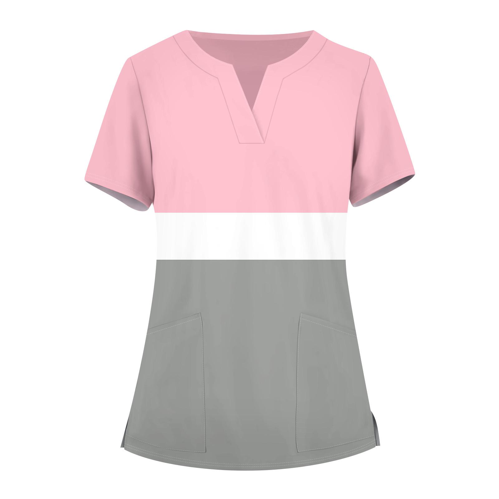 

Женская мода, рабочая одежда с v-образным вырезом, короткими рукавами и карманами, топы с принтом, летние топы для женщин L светло-розовый