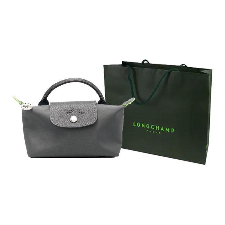 Longchamp Le Pliage Green 17 Solid Color Short Handle Zipper Snap Leather Trim Makeup Bag Tote Women bags Graphite-Gray 34175919P66