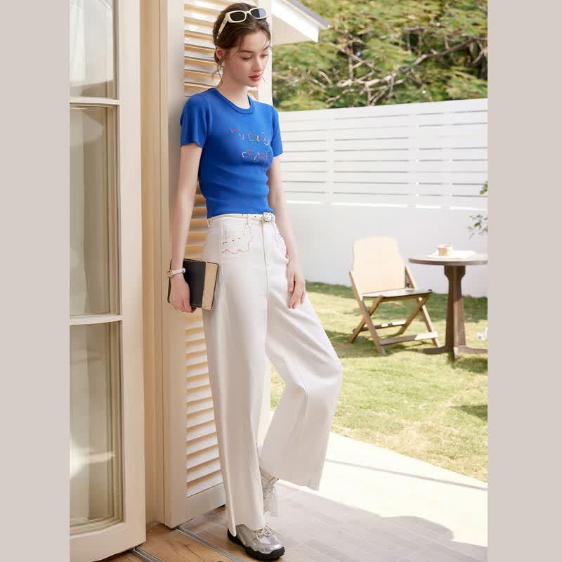 Women's Embroidered Slim Fit Short Sleeve Knit Top