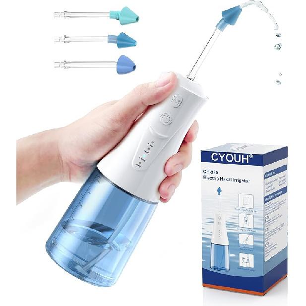 Electric Neti Pot Nasal Irrigation System – 300ml Cordless Sinus Rinse Machine for Adults & Kids, Nose Wash Bottle with 3 Tips for Nasal Care(Sky