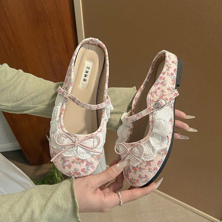 French Gentle Niche Lace Baotou Slippers 2025 New Bow Square Head Shallow Mouth Half Drag One Pedal