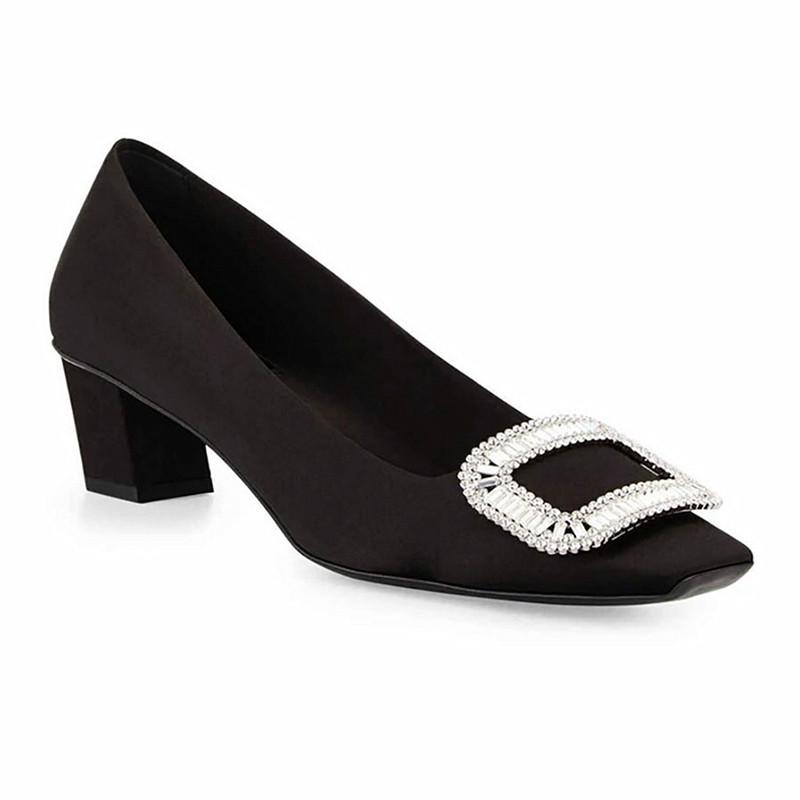 Spring/Summer Black Rhinestone Chunky Medium Heel Square Toe Boat Shoes with Buckle