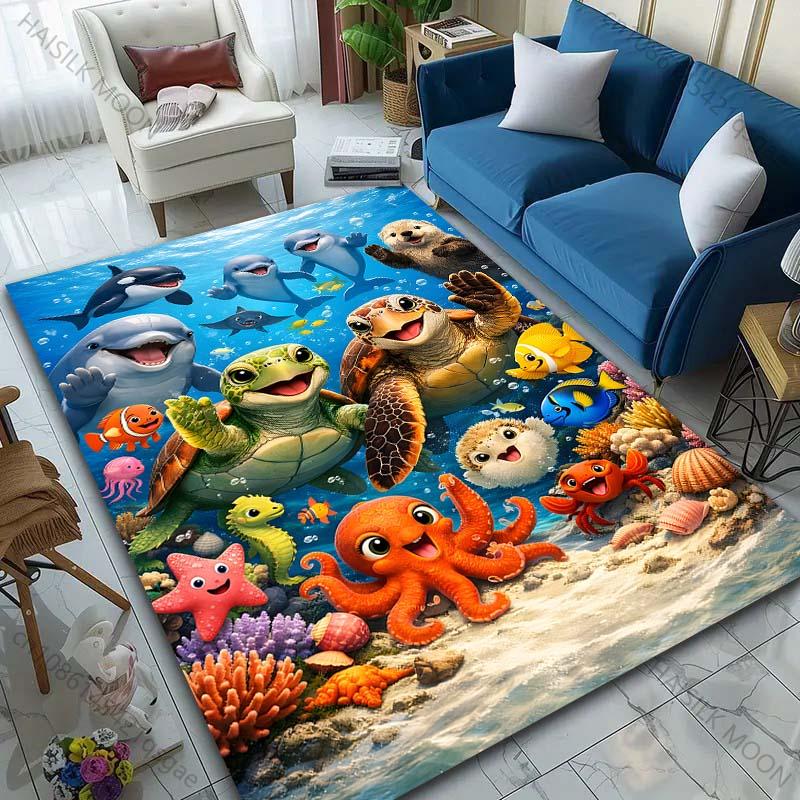 1 Stück Meeres tiere fröhliche Versammlung Druck Teppich Läufer für Wohnzimmer Schlafzimmer Sofa Fußmatte Heimdekoration Rutschfeste Bodenmatte