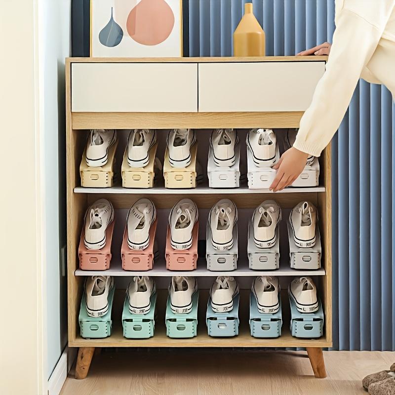 10pcs Adjustable Plastic Shoe Rack Space Saving Organizer for Foyer, Hallway, Living Room Easy Assembly, Fade-Resistant, White with Blue Accents