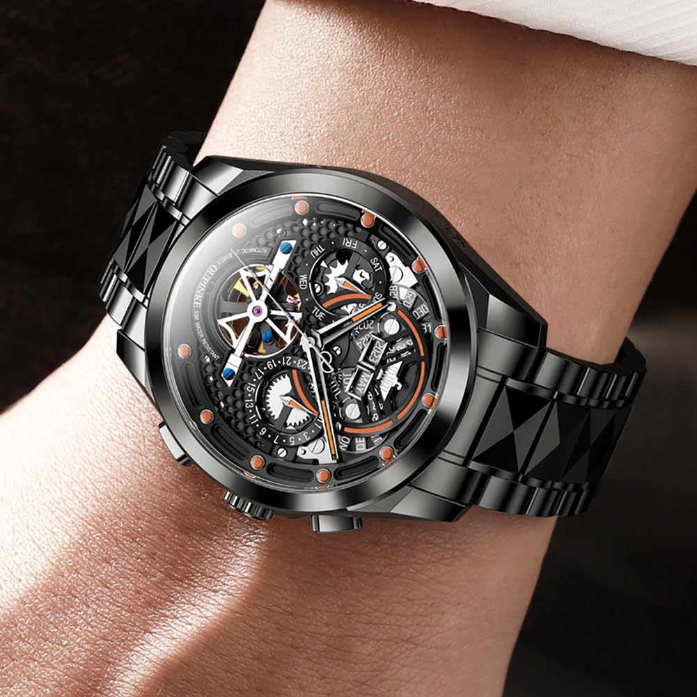 Luxury Mechanical Skeleton Tungsten 50M Water Sapphire Tungsten Black Men's Watch, Automatic/Hand-Wound, Steel, Resistant, Crystal, Strap, Luminous,