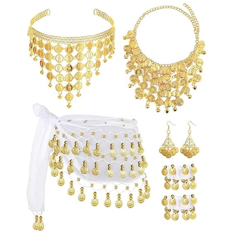 Womens Belly Dance Accessories Set with Hip Scarf Wrap Gold Coin Headband Belly Dance Necklace Earrings and Bracelets