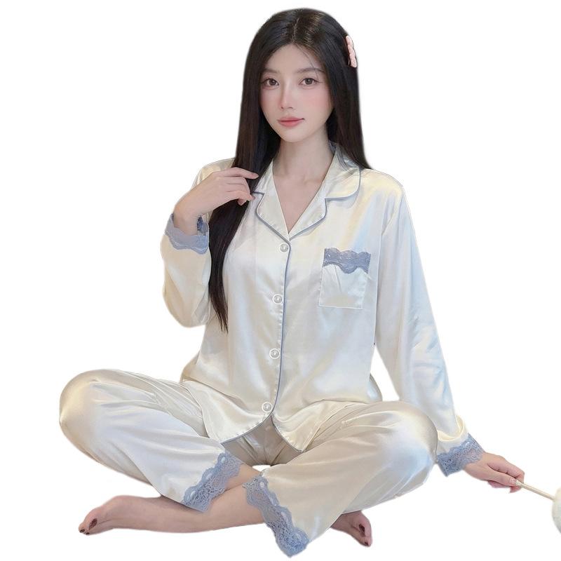 Gentle Wind Ice Silk Spring Summer Pajamas Women'S Long Sleeves Trousers Wind Blue Lace Loungewear
