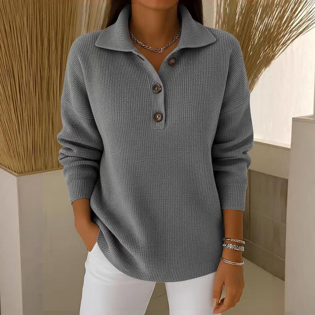 Women's Long Sleeve Pullover Sweater Button Front Knit Top with Collar Casual Lightweight Soft Fabric