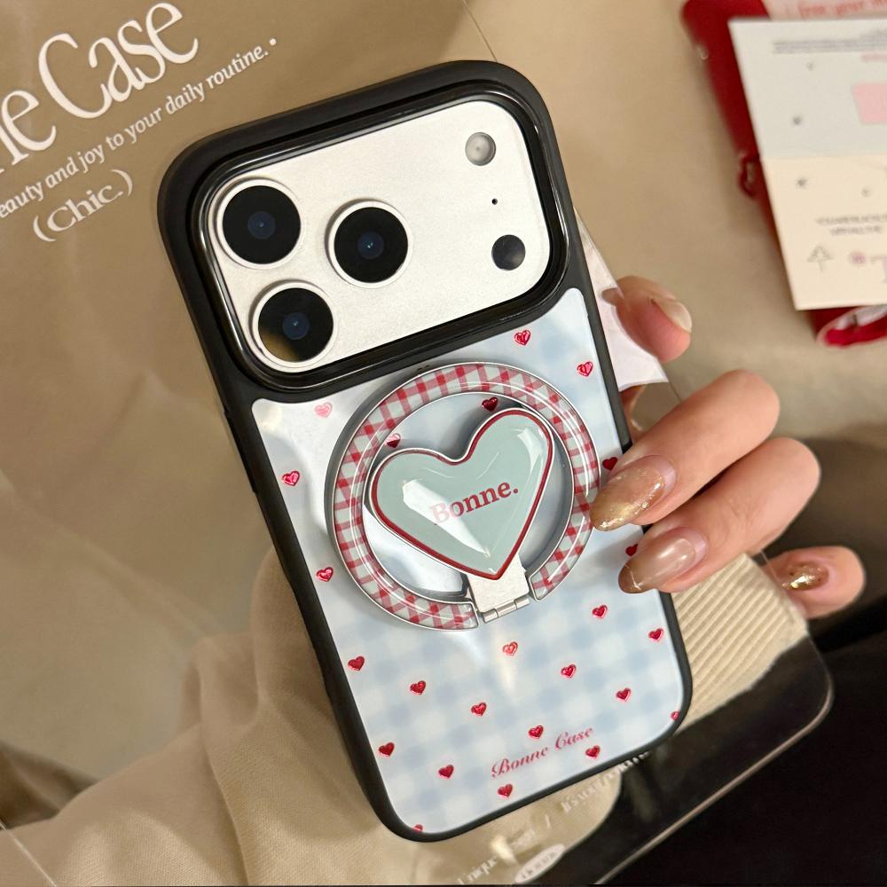 Gold-plated Blue Checkered Heart-shaped Apple IPhone 17 Pro Max Phone Case, Compatible with IPhone 16, 12, and 15 Magnetic Stand Phone Case