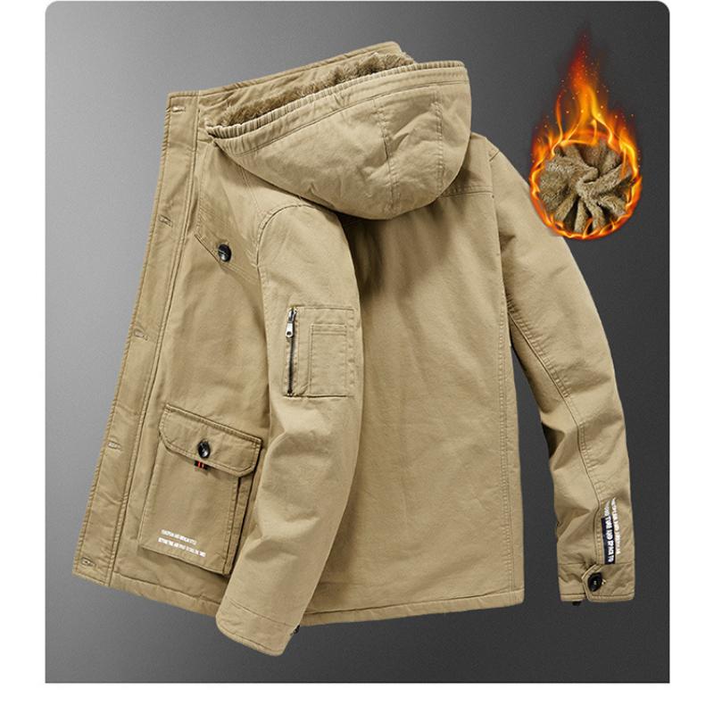 Winter Men's Cotton Coat Plus Velvet and Thickened Coat, Work Jacket, Multi-pocket Hooded Top Coat