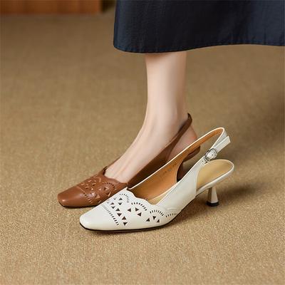 Mode Nieuwe Zomersandalen Echt Lederen Schoenen voor Dames Mode Holle Vierkante Neus Schoenen Dames Hoge Hak Damesschoenen Zaptos Mujer