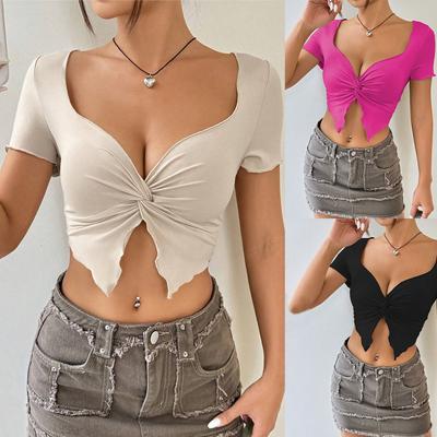 2026 Mujer Elegante Diseño Sexy Hottie Giro de Pecho Volante Profundo Color Sólido Cuello en V Top Corto