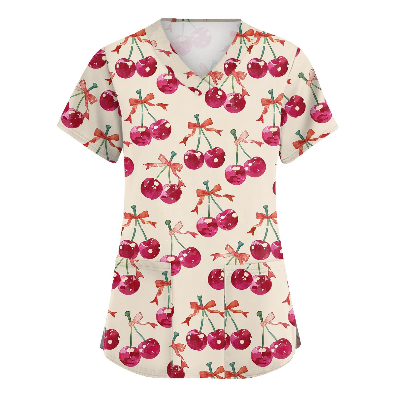 

Women s Cute Bow Printed Work Clothes V-neck Double Layer Pockets Basic Short Sleeve Top Pullover L